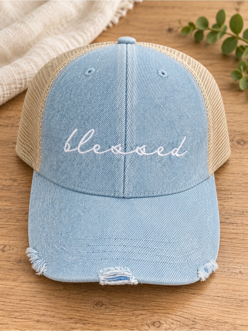Katydid Light Blue and Tan 'Blessed' Distressed Trucker Hat
